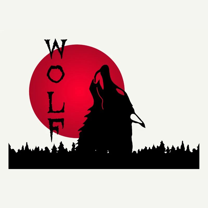 Black wolf, forest and sunset