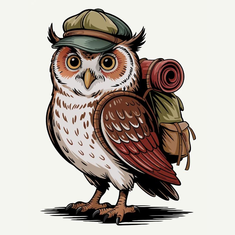 Wandernde Eule mit Rucksack