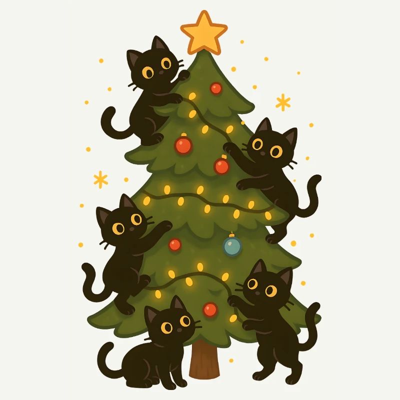 Cats Decorating Christmas Tree Fun Design