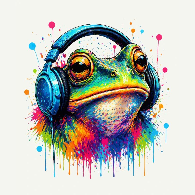 Farbexplosion Frosch mit Kopfhörern