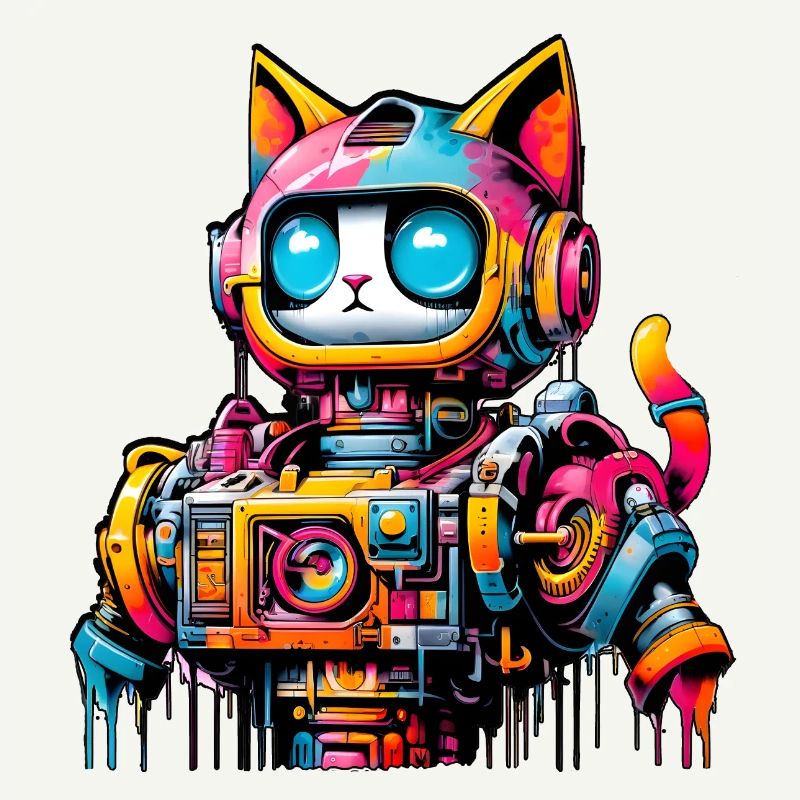 Cat designed as a robot in comic graffiti style