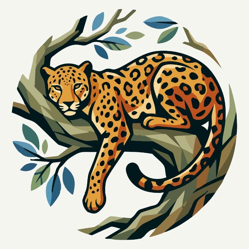 Léopard dans une couronne d’arbres posée sur une branche à motif léopard