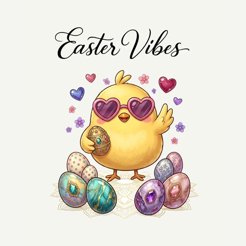 Cute Cartoon Easter Chick with Pastel Eggs Heart