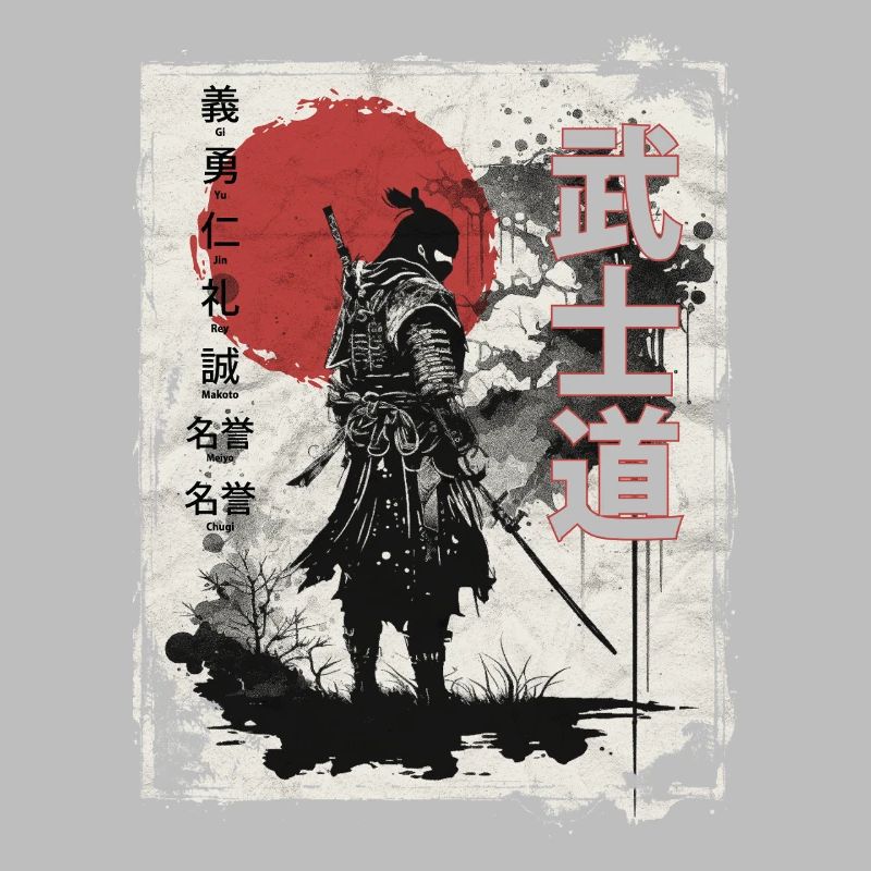 Samurai-Krieger mit roter Sonne im Hintergrund