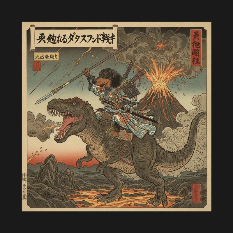 Dachshund Samurai Warrior Riding T-Rex Dinosaur