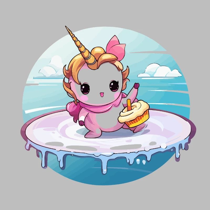 Licorne sur une planche de surf avec cupcake