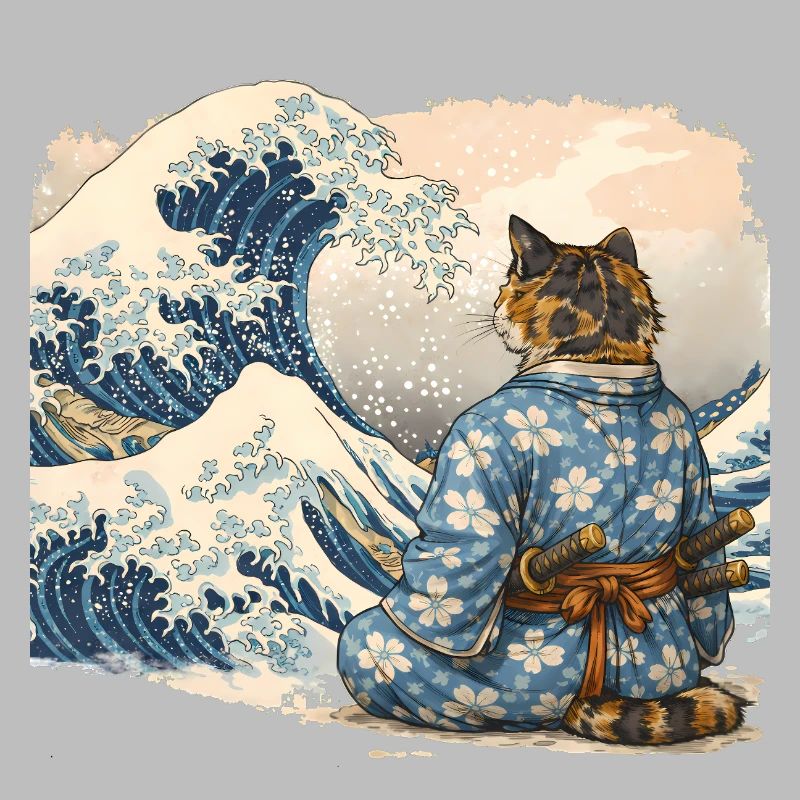 Samurai Cat Wave Japanese Ukiyo-e Style
