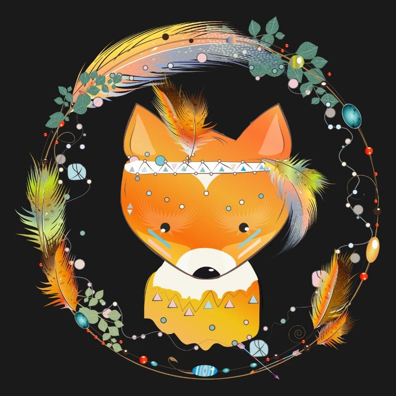 small fox with feather decoration in ethno frame