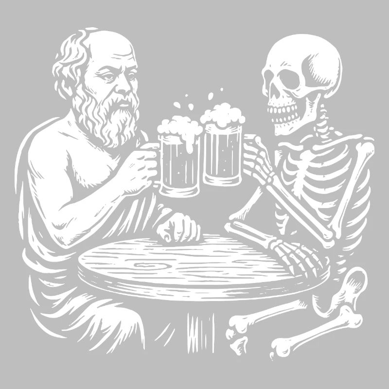 Socrates drinking beer with skeleton