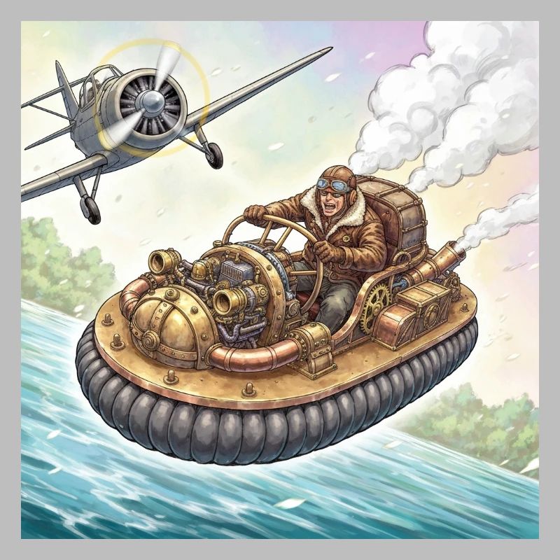 Poursuite fluviale en bateau à air steampunk
