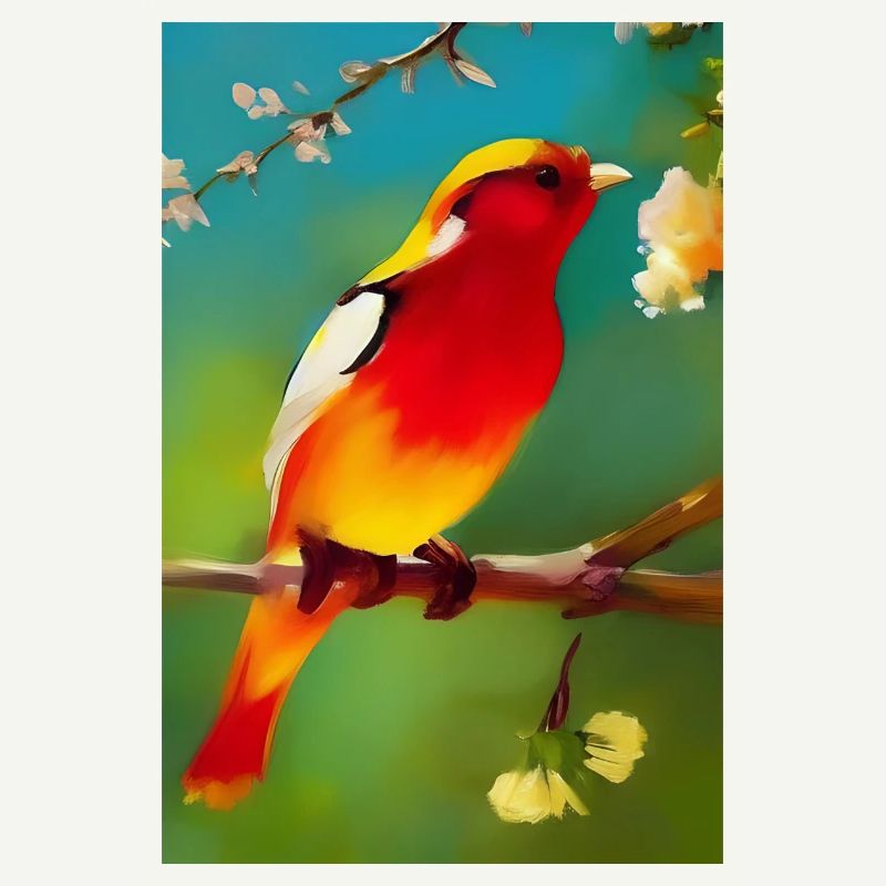 Oiseau sur branche avec des fleurs colorées