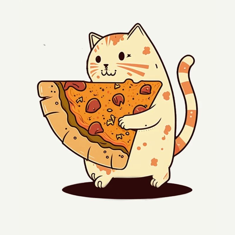 Le chat porte une tranche de pizza