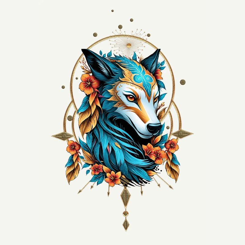 Stylized wolf with bright blue and gold fur