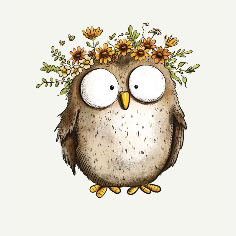Eule mit Wildblumen Blumenkranz Cartoon