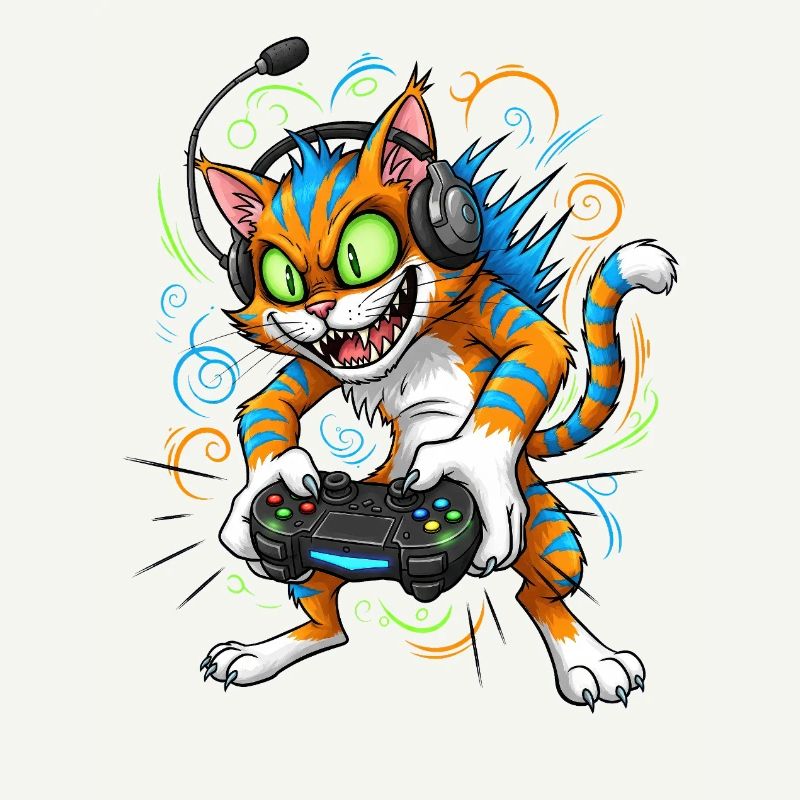 Neon Gaming Katze mit Controller Gamer Kater