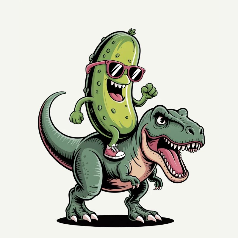 Sour cucumber rides dinosaur