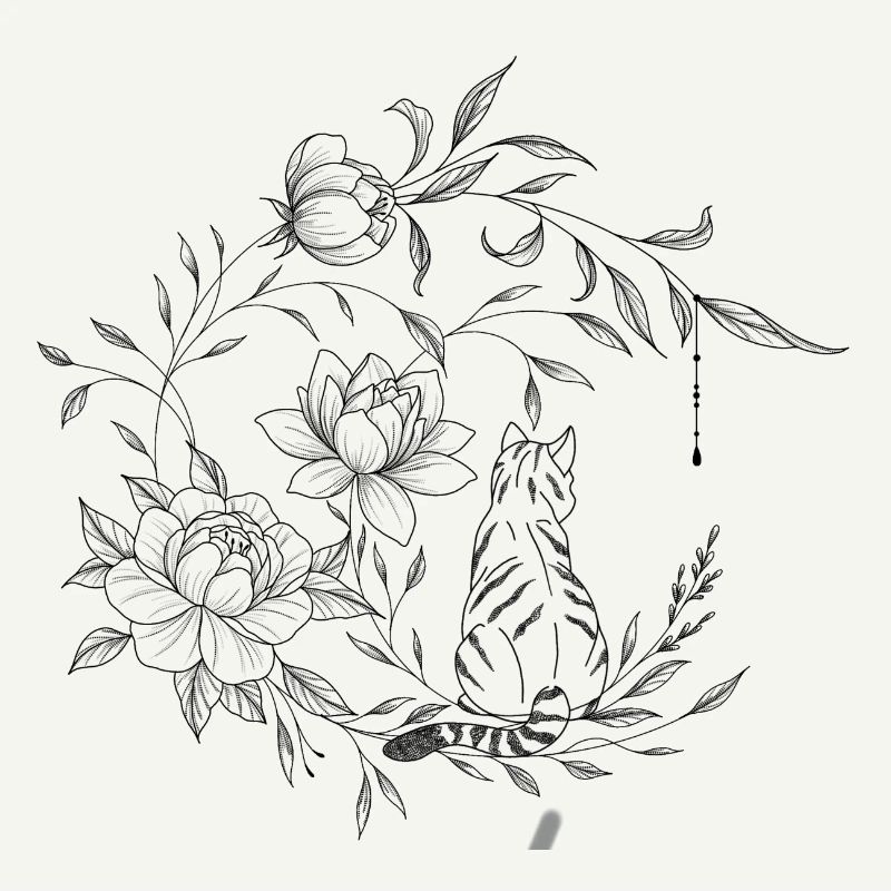 Chat assis sur une lune florale, composition flora