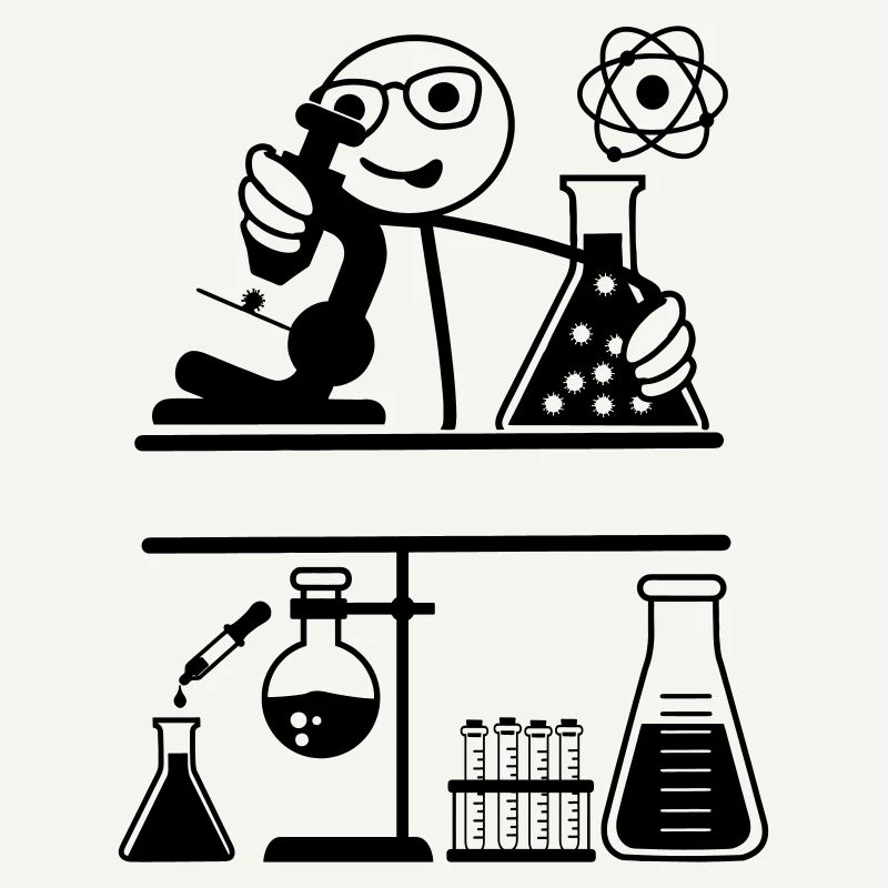 Lab with stickmen looking into microscope