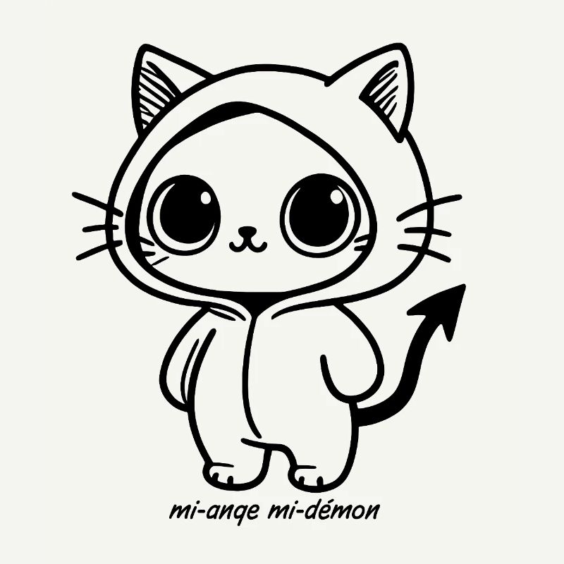 Kawaii-Katze im schwarzen Kapuzenpullover, halb Engel, halb Dämon