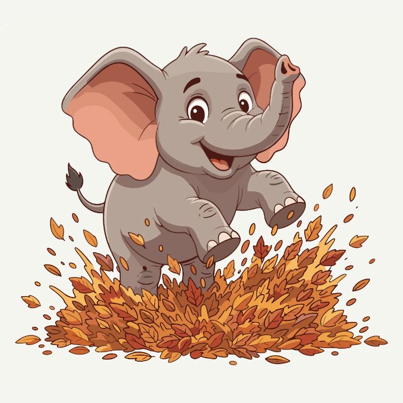 Éléphant joyeux dans les feuilles d’automne