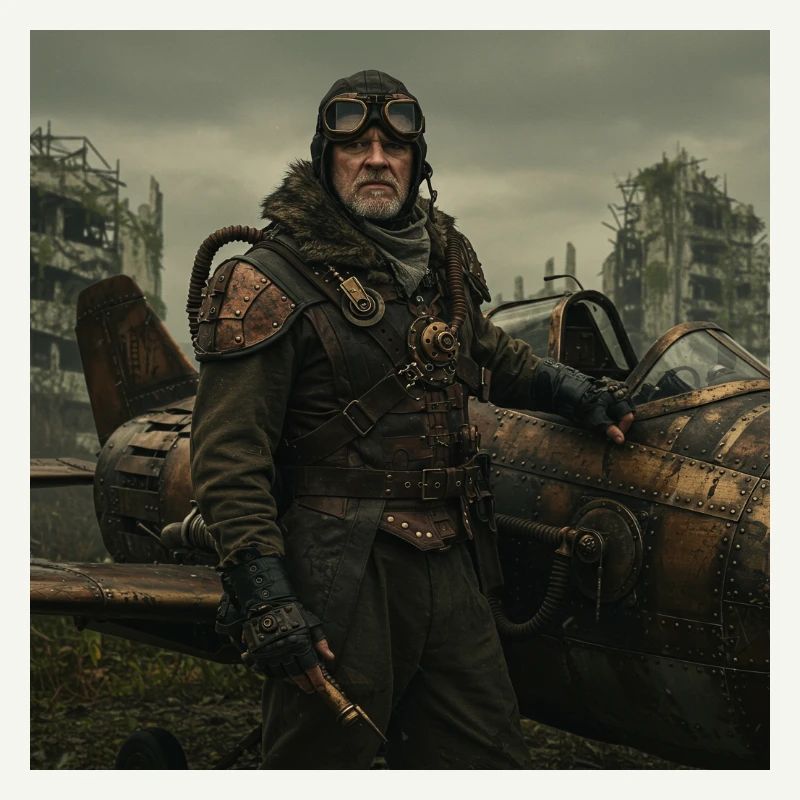 Steampunk-Pilot auf postapokalyptischen Ruinen