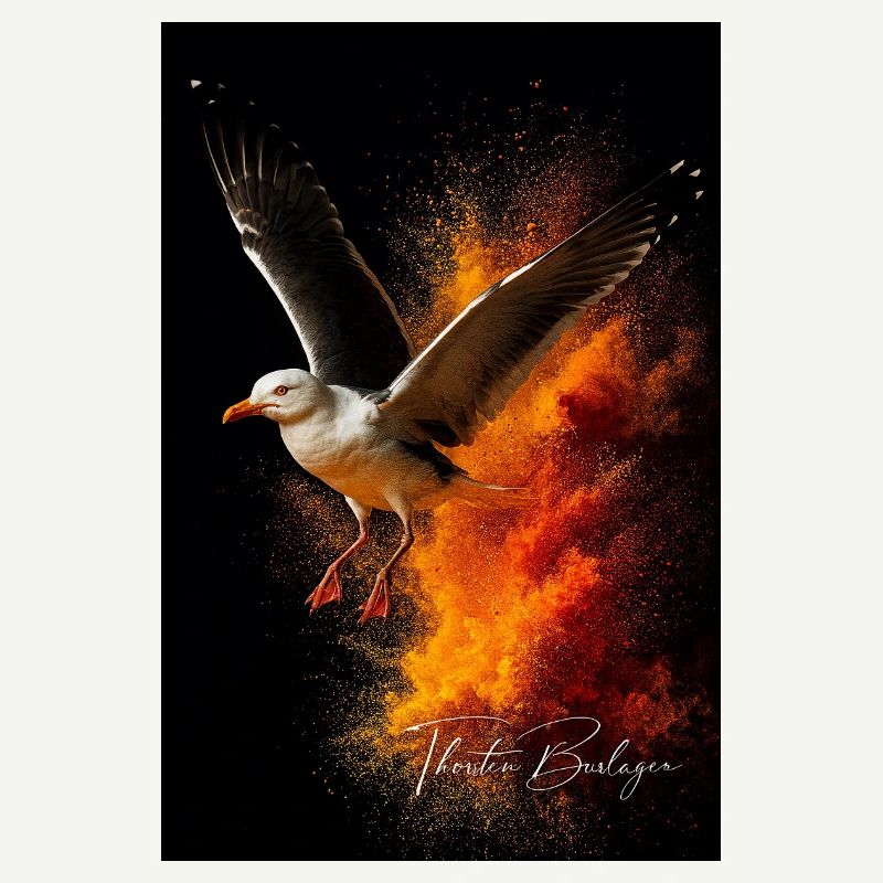 Seagull flight in front of fire dust