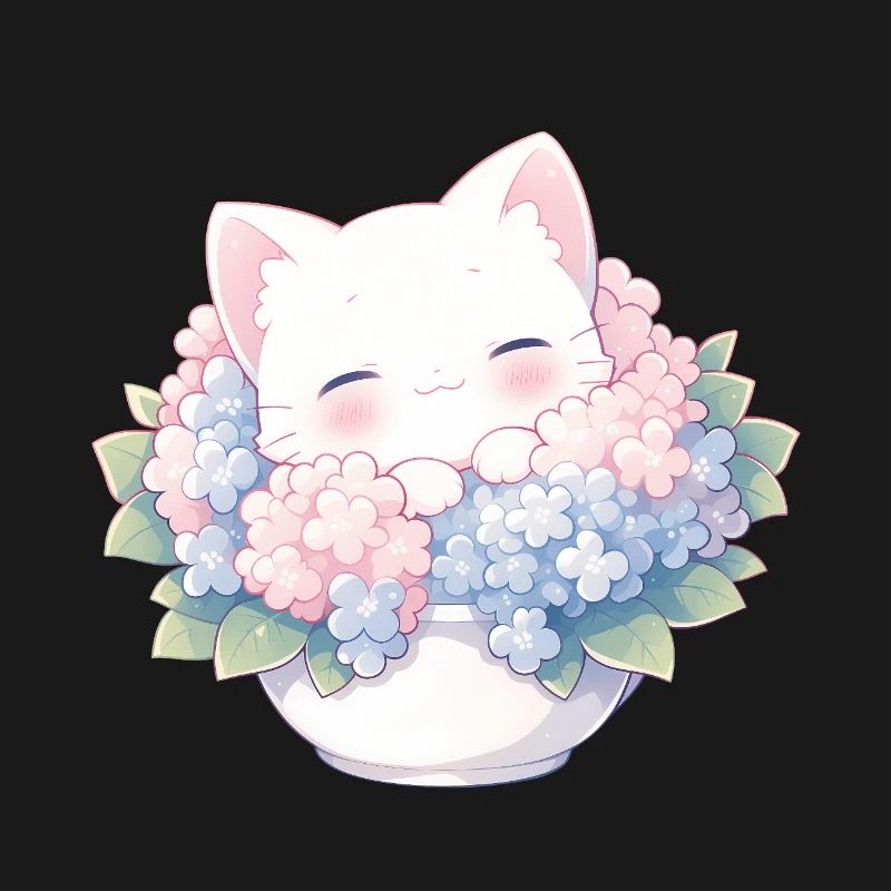 Cute White Cat in Hydrangeas – Kawaii Design