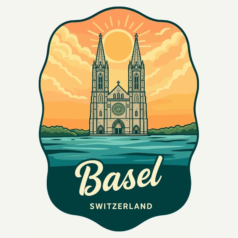 Basel Minster Retro Sonnenuntergangs-Reiseabzeichen