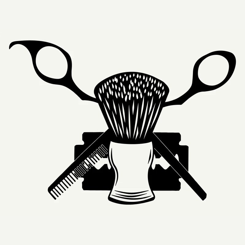 scissors shaving brush, razor blade