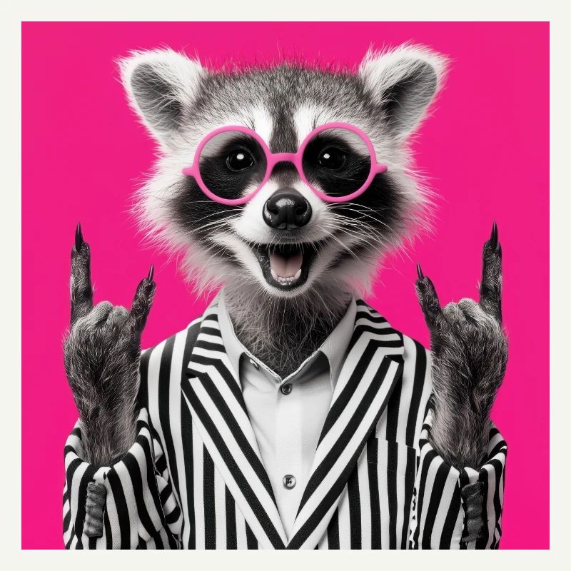 Waschbär mit Doppel Rock Handgeste
