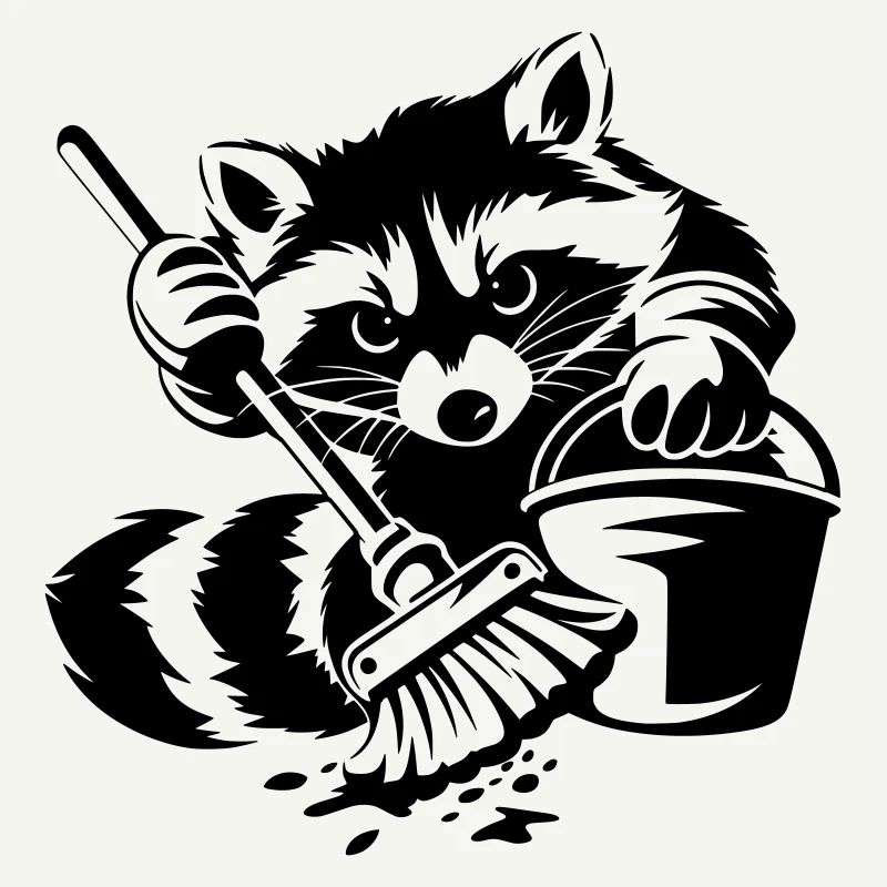 Waschbär mit Eimer & Mopp