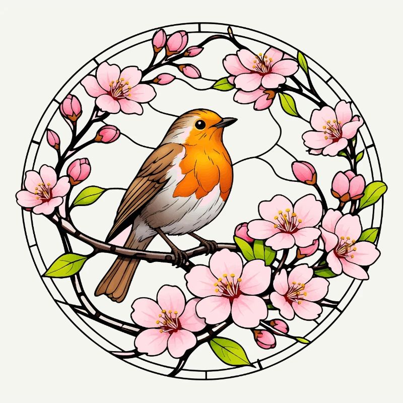 Robin with cherry blossoms stained glass window style