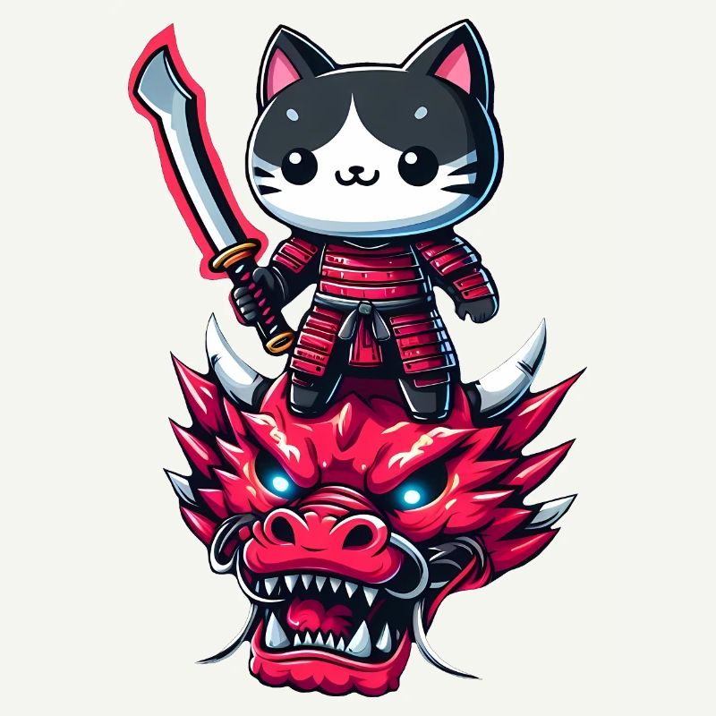 Chat samouraï avec épée sur dragon dans un effet 3D épique