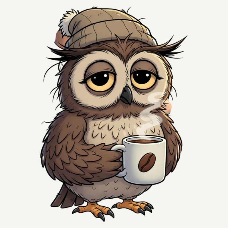 Verschlafene Eule Mit Kaffeetasse Cartoon