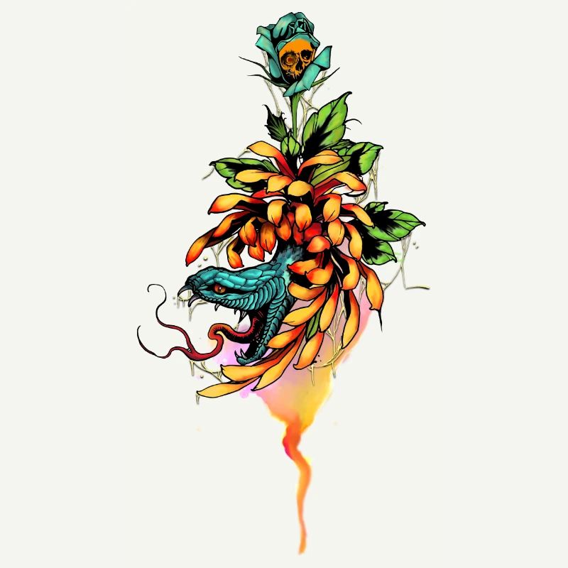 Serpent incroyable avec crâne et fleurs.