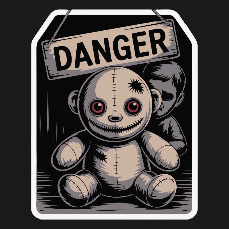 Poupée étrange avec un panneau de danger