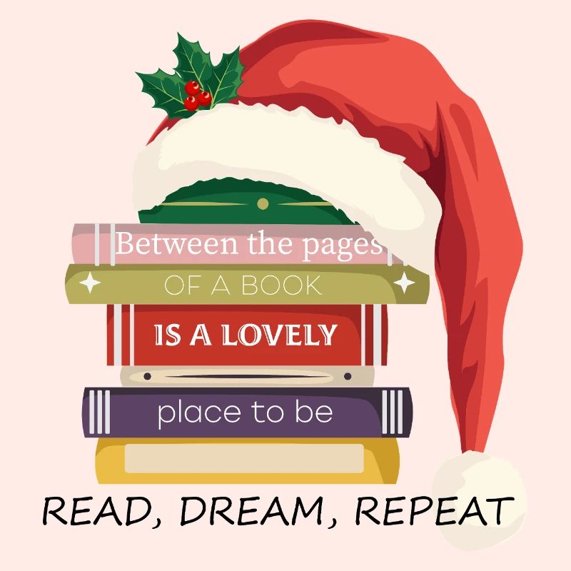 Book Stack with Christmas hat