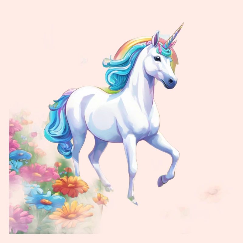 Anmutiges Einhorn mit Regenbogenmähne im Blütenmee