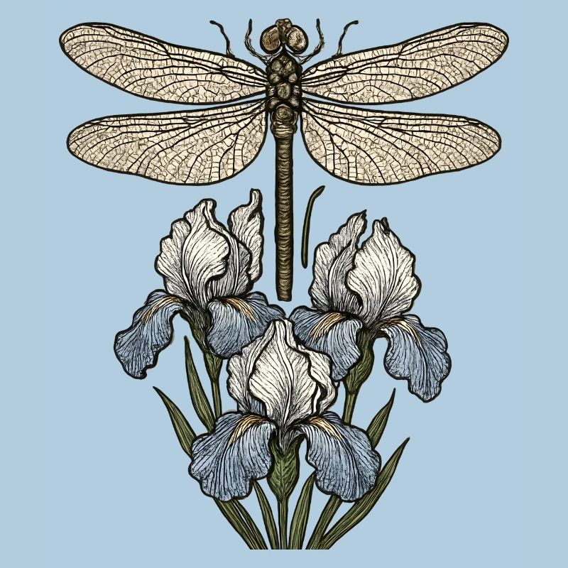 Libellule sur fleurs d’iris