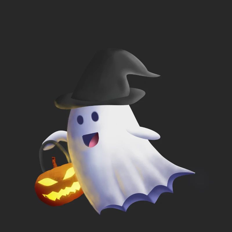 Ghost with Witch Hat and Jack-o'-Lantern