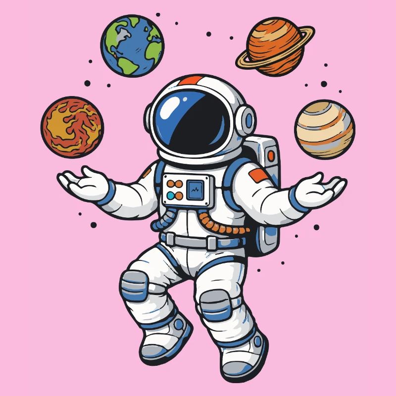 Schwebender Astronaut mit Planeten im Comic Stil
