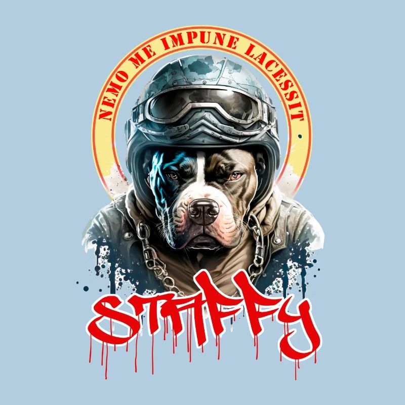 Staffie biker avec phrase nemo me impune lacessit
