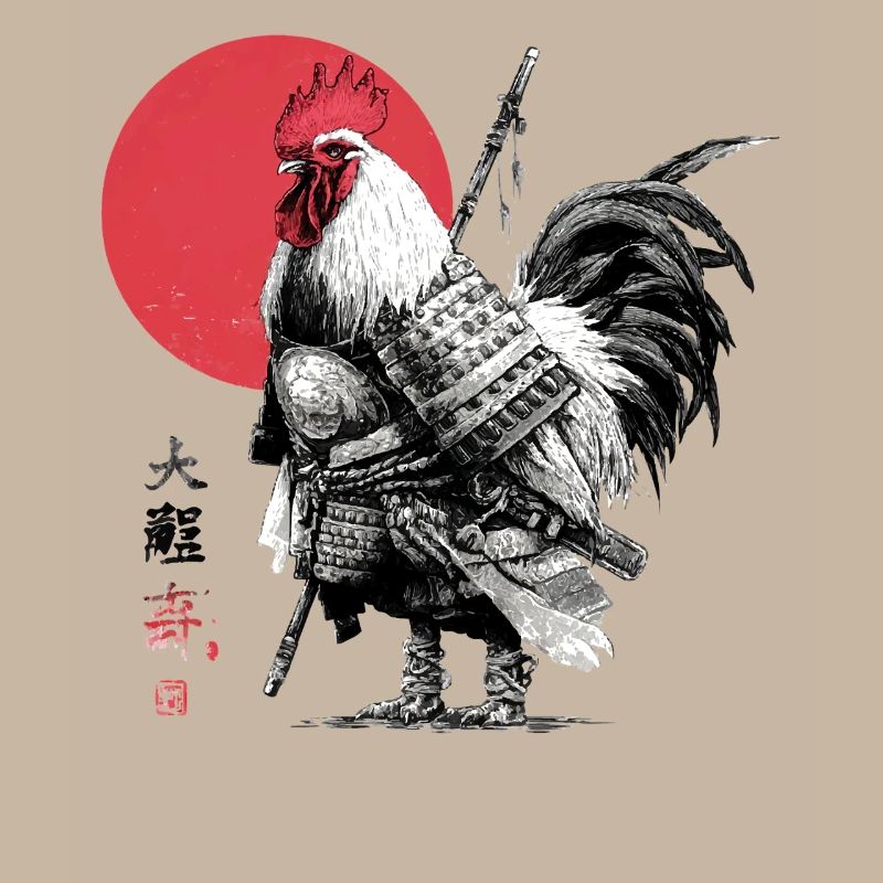 Coq de samouraï en armure sous le soleil rouge