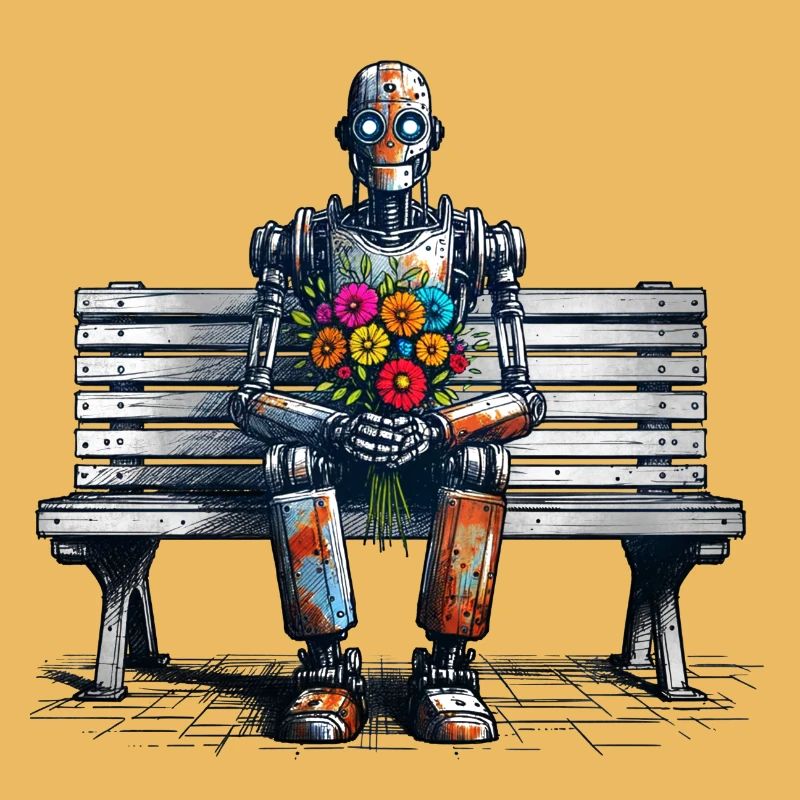 Robot Bench Flowers Robot Love Rusty Art