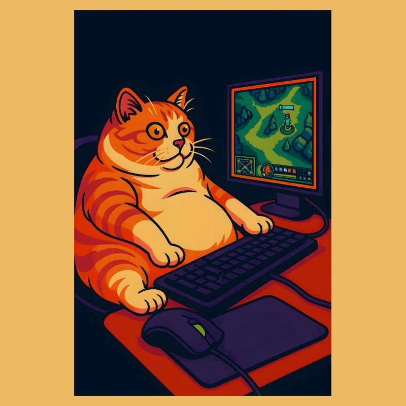 Chubby Gaming Cat with Retro Pixel Art