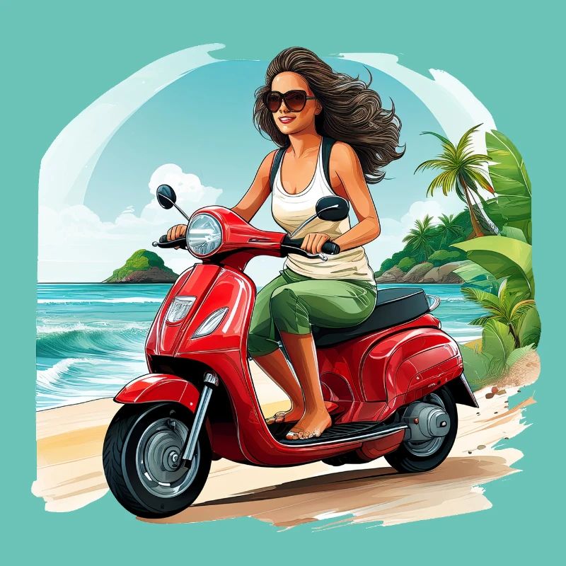 Frau mit rotem Roller am Strand