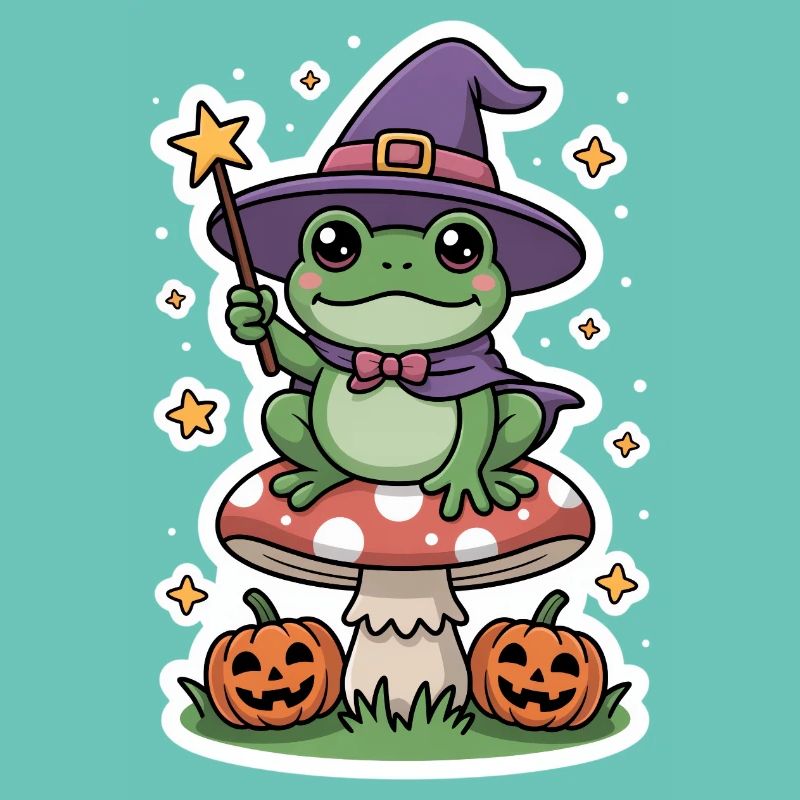Halloween witch frog on fly agaric with pumpkin