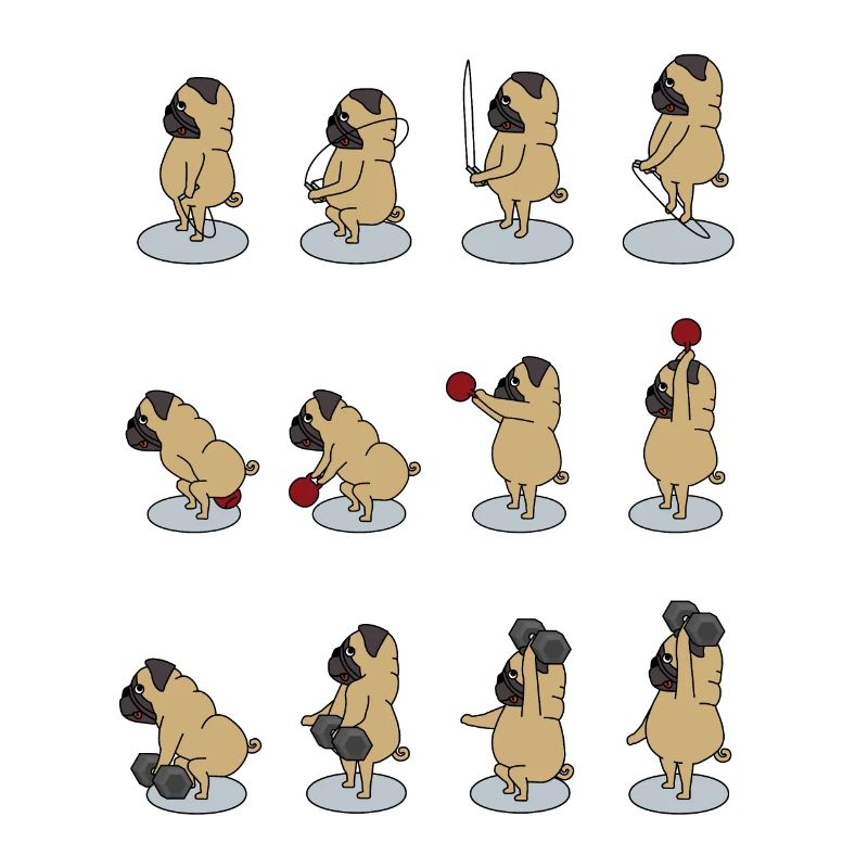 fitter Mops macht Sport mit Dumbbell, Kettlebell