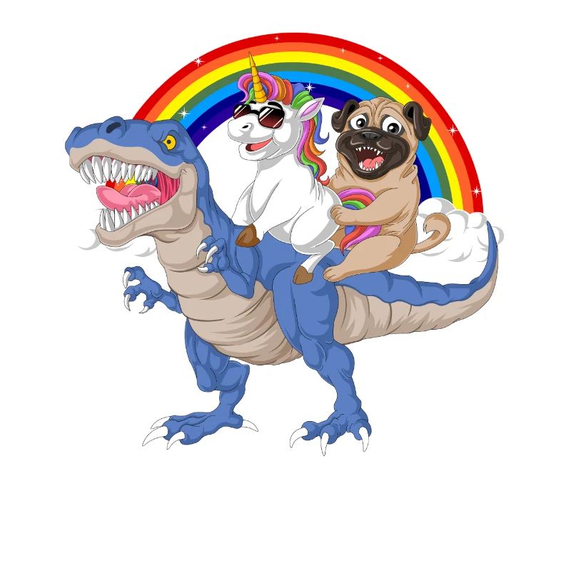 Regenbogen-Dinosaurier mit Einhorn und Mopsfahrt