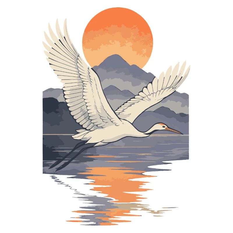 Crane Flying at Sunset Reflection